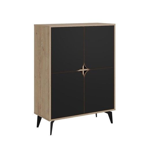 Aparador alto, 90 x 38 x 120 cm, de madera y metal en negro y color roble | Colección Nola