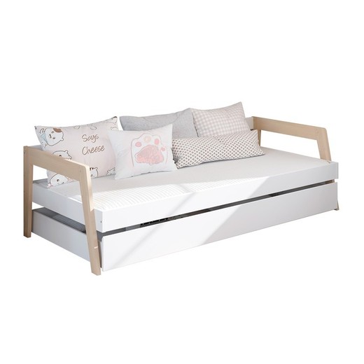 Cama, 210,4 x 96,4 x 59,5 cm, de madera de pino en blanco y natural  | Colección Carrie