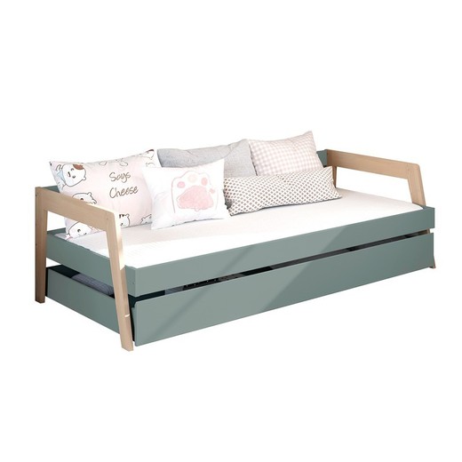 Cama, 210,4 x 96,4 x 59,5 cm, de madera de pino en verde y natural  | Colección Carrie