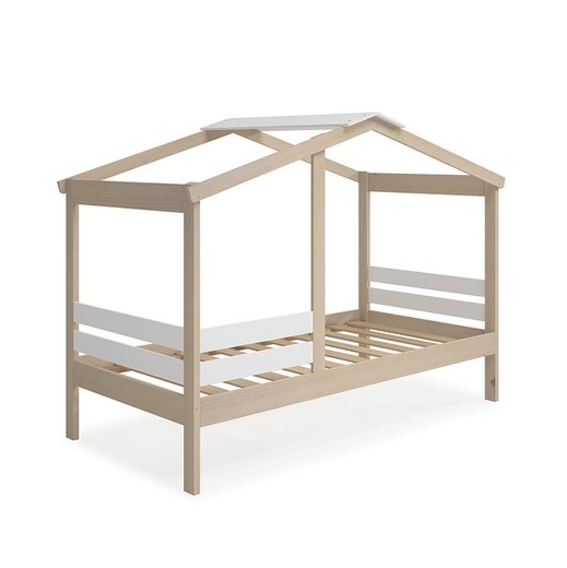 Cama cabaña, 204,9 x 105 x 147 cm, de madera de pino en natural y blanco  | Colección Angel