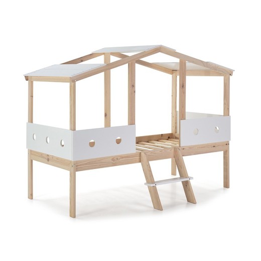 Cama cabaña, 206 x 13 1x 165 cm, de madera de pino en blanco y natural  | Colección Compte