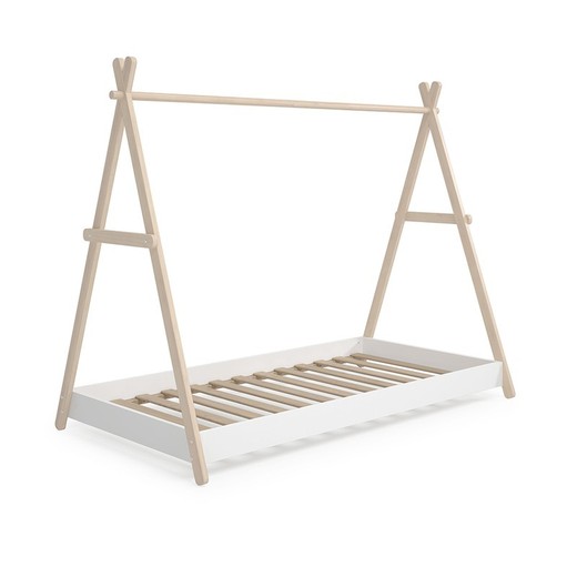 Cama cabaña, 209,4 x 104,5 x 160 cm, de madera de pino en blanco y natural  | Colección Trufa