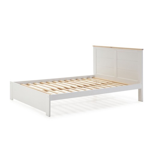 Cama con somier de 140 cm, 197,7 x 152,2 x 100 cm, de madera en blanco y natural  | Colección Akira