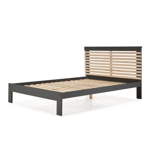 Cama con somier de 140 cm, 197,7 x 153,2 x 100 cm, de madera en antracita y natural  | Colección Vectra