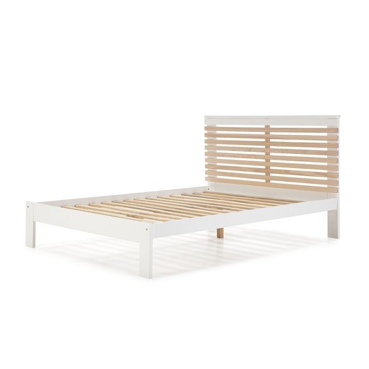 Cama con somier de 140 cm, 197,7 x 153,2 x 100 cm, de madera en blanco y natural  | Colección Vectra