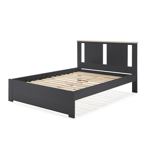 Cama con somier de 140 cm, 198 x 152,3 x 100 cm, de madera en antracita y natural  | Colección Enara