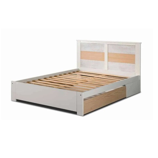 Cama con somier de 140 cm, 198 x 153 x 100 cm, de madera en blanco  | Colección Gabi