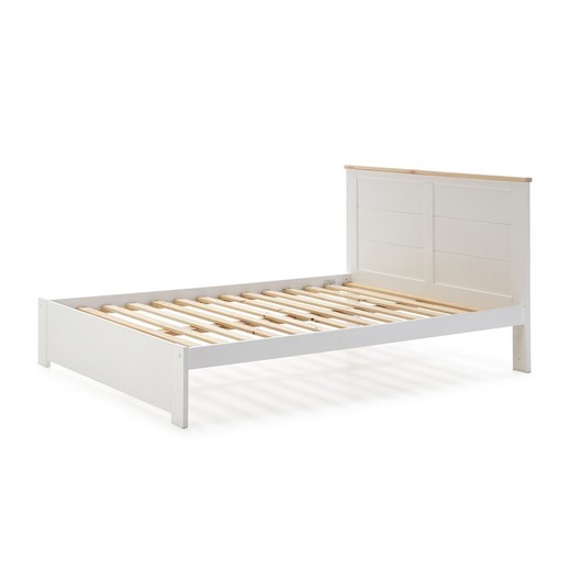 Cama con somier de 160 cm, 207,7 x 172,2 x 100 cm, de madera en blanco y natural  | Colección Akira