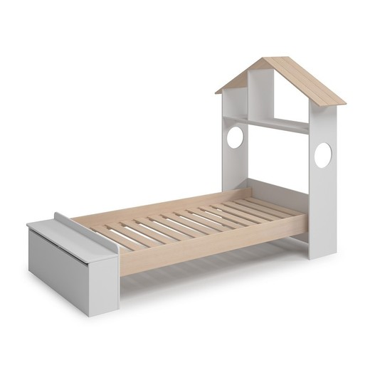 Cama individual, 216,5 x 128,5 x 153 cm, de madera en blanco y natural | Colección Odessa