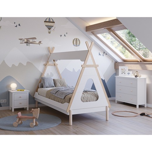 Cama Tipi, 210 x 104 x 165 cm, de madera en blanco | Colección Nora