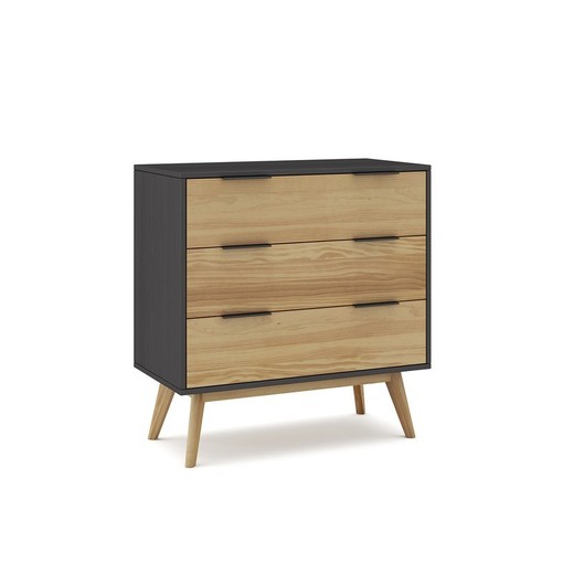 Cómoda, 80 x 40 x 83 cm, de madera de pino en natural y negro  | Colección Lavis