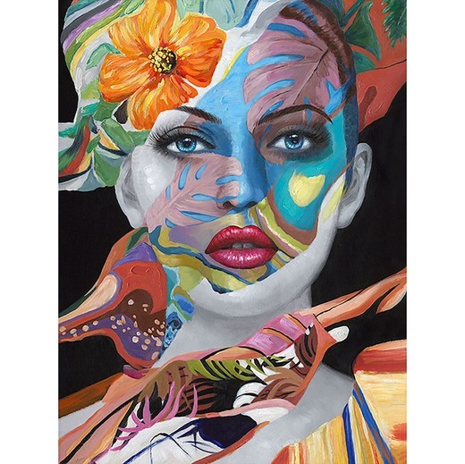 Cuadro de mujer, 90 x 120 cm, con flores en su faz multicolor  |  Colección Rostro