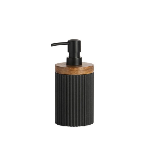 Dispensador de jabón, 8 x 8 x 18 cm, de poliresina y madera de acacia en negro y natural | Colección Striped