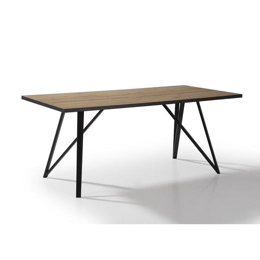 Mesa de comedor, 180 x 90 x 76 cm, de madera y metal en natural y negro | Colección Myla