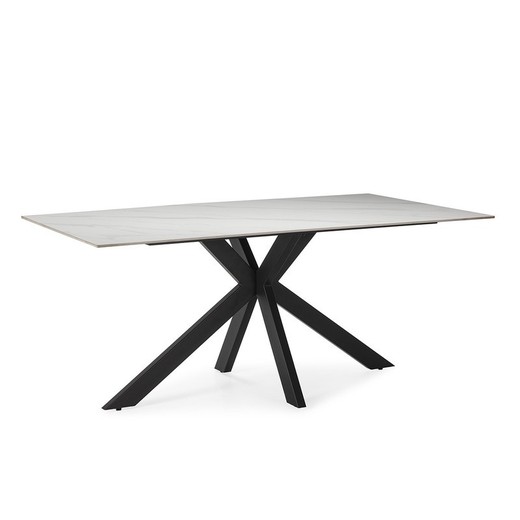 Mesa de comedor, 180 x 90 x 76 cm, de piedra sintetizada y metal en blanco y negro | Colección Bimba