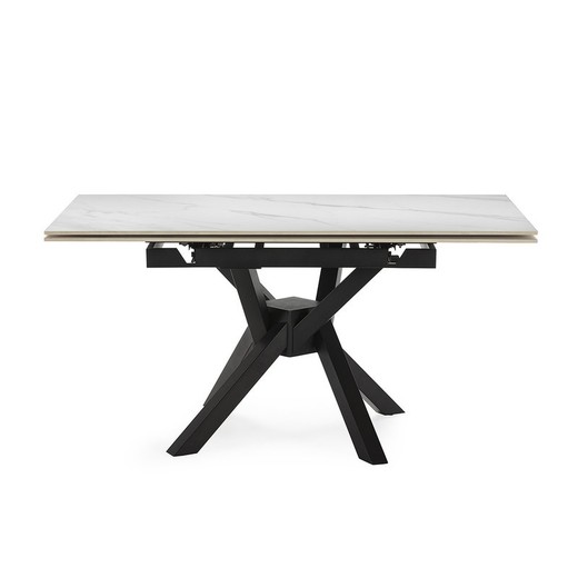 Mesa de comedor cuadrada extensible, 90-150 x 90-150 x 76 cm, de piedra sintetizada y metal en blanco y negro | Colección Arlene