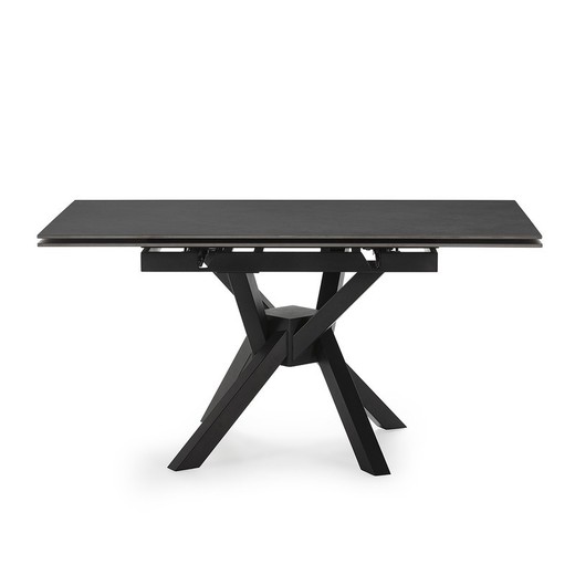 Mesa de comedor cuadrada extensible, 90-150 x 90-150 x 76 cm, de piedra sintetizada y metal en gris oscuro  negro | Colección Arlene