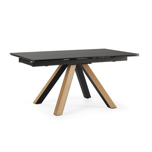 Mesa de comedor extensible, 160-240 x 90 x 76 cm, de cerámica y chapa en negro y natural | Colección Azur