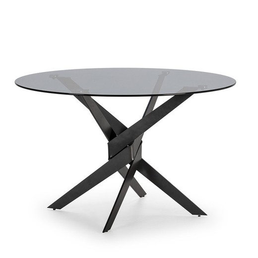 Mesa de comedor redonda, 120 x 120 x 76 cm, de cristal templado y metal en negro y gris | Colección Jenna