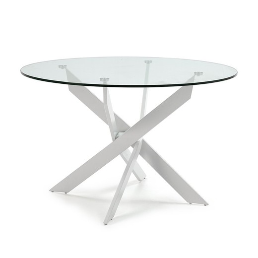 Mesa de comedor redonda, 120 x 120 x 76 cm, de cristal templado y metal en transparente y blanco | Colección Ruth