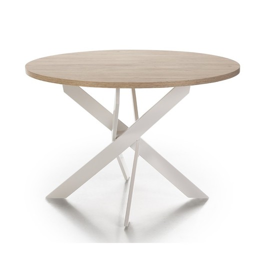 Mesa de comedor redonda, 120 x 120 x 77 cm, de madera y metal en natural y blanco | Colección Ther