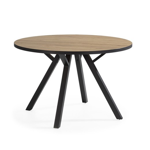 Mesa de comedor redonda, 120 x 120 x 77 cm, de madera y metal en natural y negro | Colección Beni