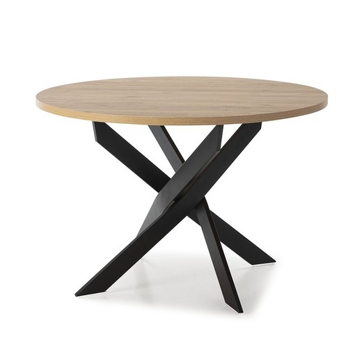 Mesa de comedor redonda, 120 x 120 x 77 cm, de madera y metal en natural y negro | Colección Ther