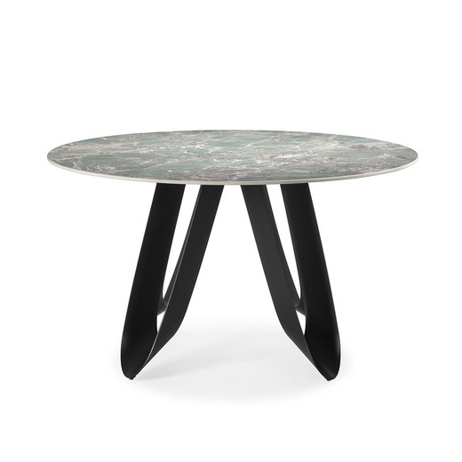 Mesa de comedor redonda, 135 x 135 x 76 cm, de piedra sintetizada y metal en verde | Colección Aila