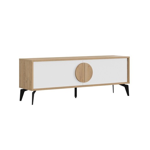 Mueble TV, 140 x 35 x 51 cm, de madera y metal en blanco y color roble | Colección Vae