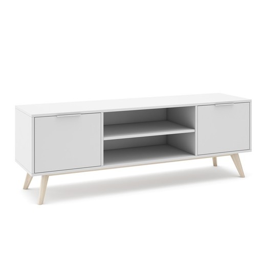 Mueble TV, 140 x 40 x 53 cm, de madera de pino en blanco y natural  | Colección Campus