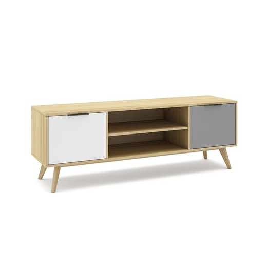 Mueble TV, 140 x 40 x 53 cm, de madera de pino en color roble, gris claro y blanco  | Colección Elfa