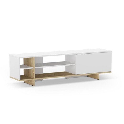 Mueble TV, 160 x 35,6 x 44 cm, de madera en blanco y natural | Colección Cequoia