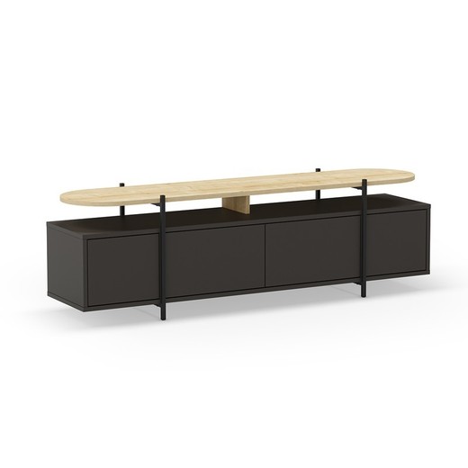 Mueble TV, 160 x 39 x 49,5 cm, de madera y metal en negro y color roble | Colección Hinoa