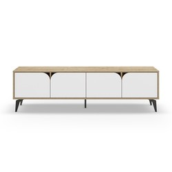 Mueble TV, 180 x 35,6 x 51 cm, de madera y metal en blanco y natural | Colección Nola