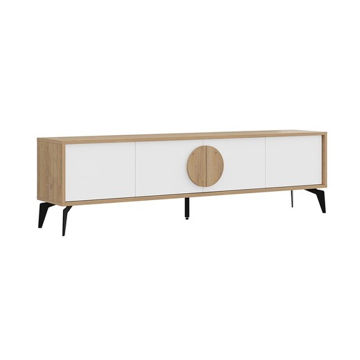 Mueble TV, 180 x 35,7 x 50,8 cm, de madera y metal en blanco y color roble | Colección Vae