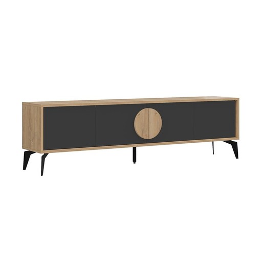 Mueble TV, 180 x 35,7 x 50,8 cm, de madera y metal en negro y color roble | Colección Vae