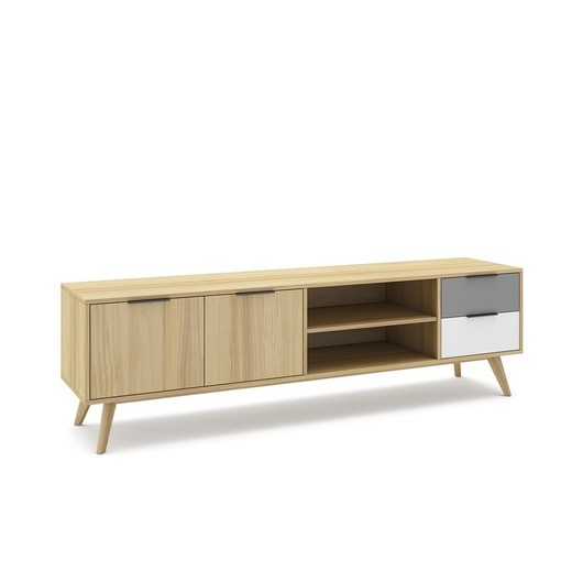 Mueble TV, 180 x 40 x 53 cm, de madera de pino en color roble, gris claro y blanco  | Colección Elfa