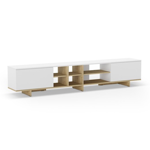 Mueble TV, 230 x 35,6 x 44 cm, de madera en blanco y color roble | Colección Cequoia