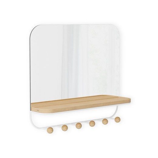 Perchero con espejo, 46 x 10 x 41 cm, de madera de haya en natural y blanco | Colección Estique