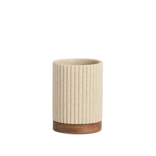 Portacepillos, 8 x 8 x 11 cm, de poliresina y madera de acacia en beige y natural | Colección Striped