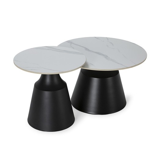 Set de 2 mesas de centro, 70-50 x 70-50 x 42,5-48,5 cm, de piedra sintetizada y metal en blanco y negro | Colección Riley