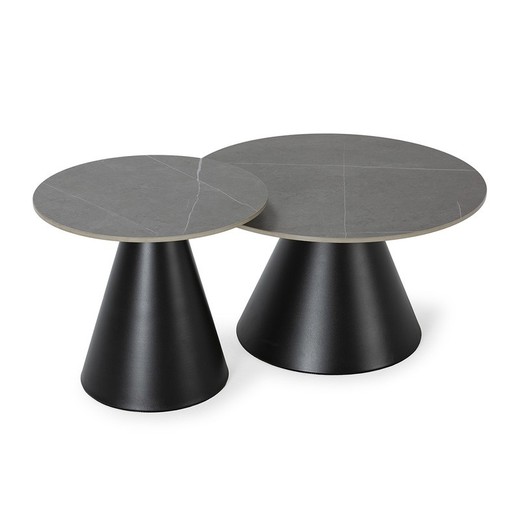 Set de 2 mesas de centro redondas, 70-50 x 70-50 x 40-45,5 cm, de piedra sintetizada y metal en gris y negro | Colección Louna