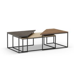 Set de 3 mesas de centro, 110-96 x 70-60 x 42-41,8 cm, de madera y metal en negro, roble y nogal | Colección Titán