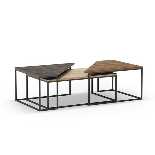 Set de 3 mesas de centro, 110-96 x 70-60 x 42-41,8 cm, de madera y metal en negro, roble y nogal | Colección Titán