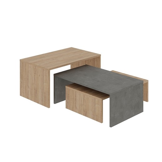 Set de 3 mesas de centro, 80 x 50 x 40,5 cm, de madera en color roble y gris | Colección Trío