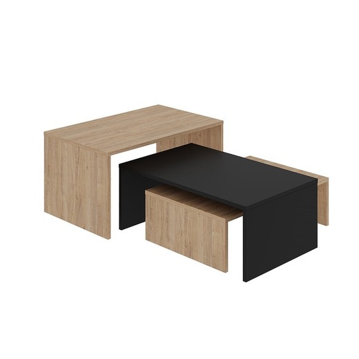 Set de 3 mesas de centro, 80 x 50 x 40,5 cm, de madera en color roble y negro | Colección Trío