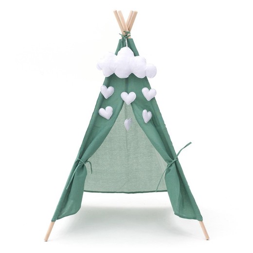 Tipi infantil Montessori, 80 x 80 x 110 cm, de madera de paulownia y tela en verde | Colección Kalpana