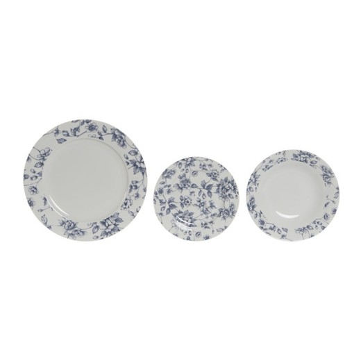 Vajilla de 18 piezas de porcelana en blanco y azul | Colección Floral azul