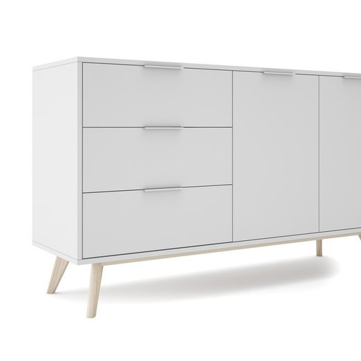 Aparador, 140 x 40 x 81 cm, de madera de pino en blanco y natural  | Colección Campus