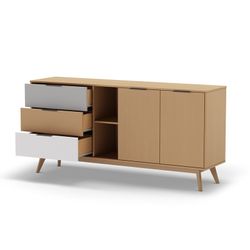 Comò, 165 x 40 x 81 cm, in legno naturale, bianco e grigio | Collezione Elfa
